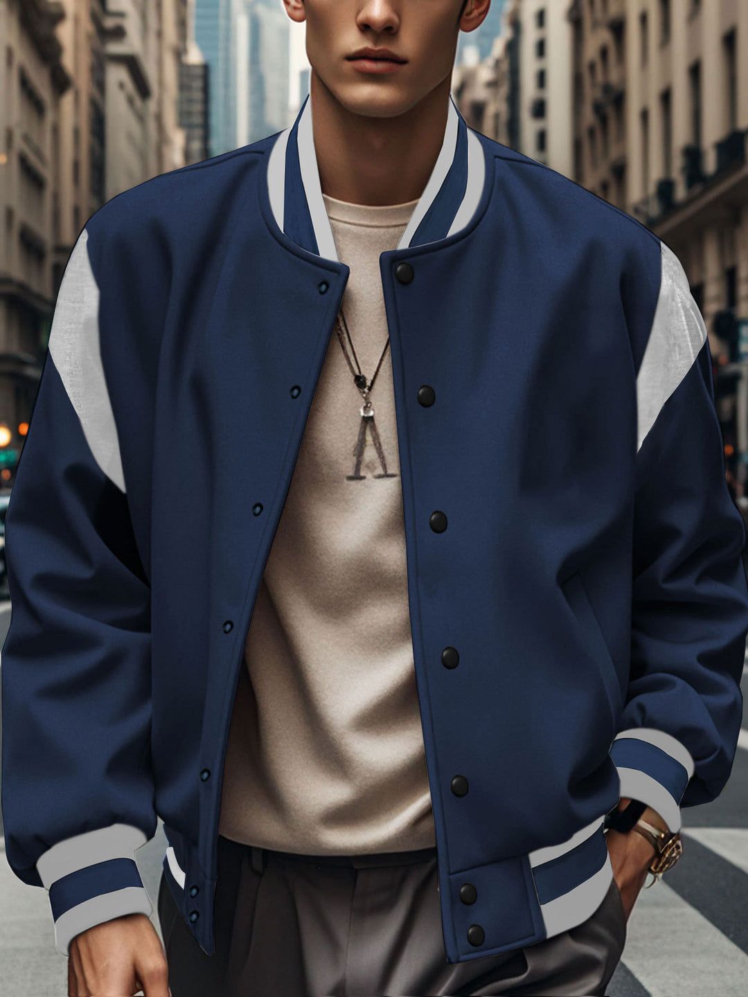 Herren nan leichte Collegejacke im Varsity-Look mit Druckknopfverschluss Rippbündchen und Kontrast-Schulterbesatz R&B