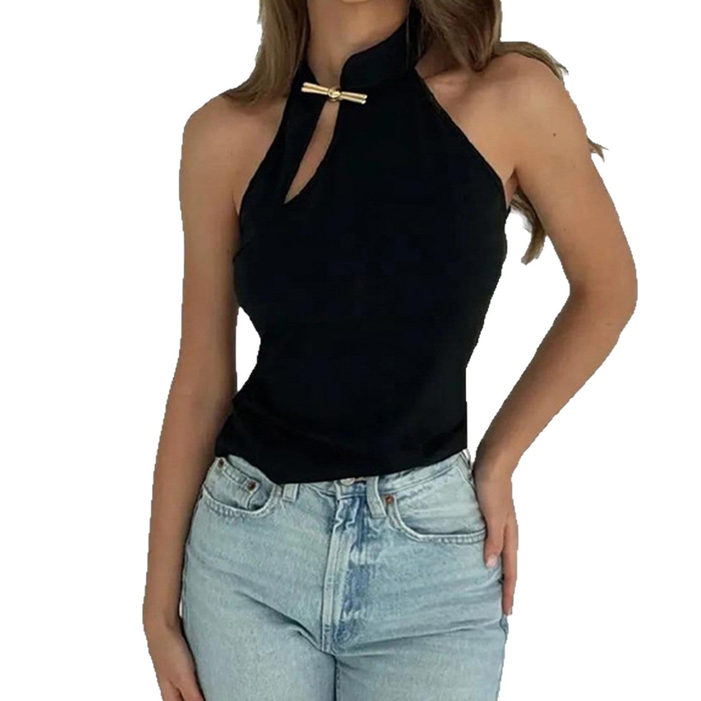 Damen Hochgeschlossenes Sporttop mit dekorativem Schlitz und eleganter Schnalle R&B