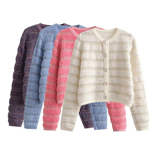 Damen modische Strickjacke mit knöpfbarem Design und feinem Strukturmuster R&B