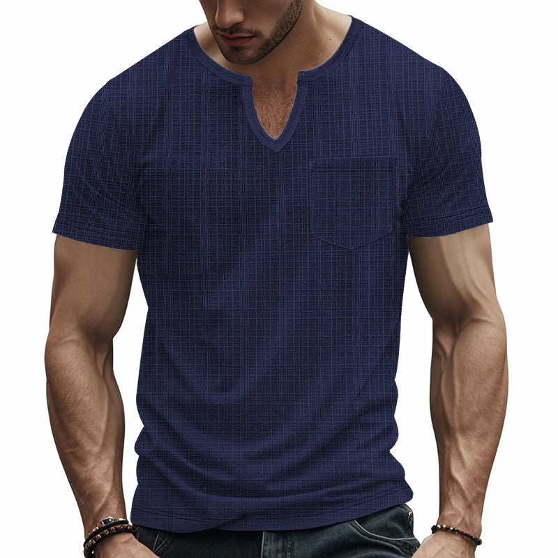 Herren nan Kurzarmshirt mit geschlitztem V-Ausschnitt strukturierter Leinenoptik und aufgesetzter Brusttasche R&B