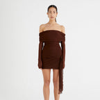 Damen Off-Shoulder Minikleid mit Drapierung und transparenten Ärmeln