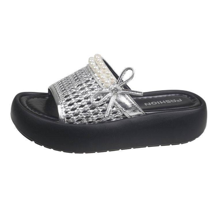 Damen bequeme und stilvolle Pantoletten mit perlenverziertem Riemen R&B
