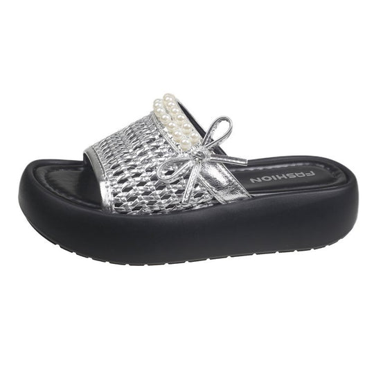 Damen bequeme und stilvolle Pantoletten mit perlenverziertem Riemen R&B