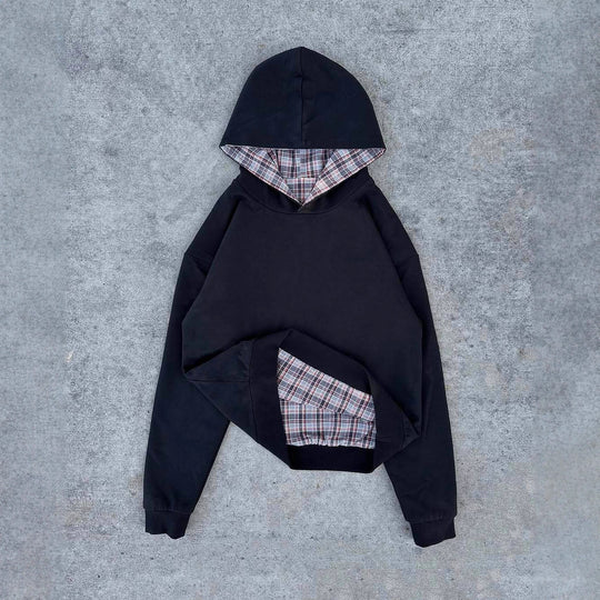 Damen nan kurz geschnittenes Kapuzensweatshirt mit kariertem Flanellfutter und Kängurutasche R&B