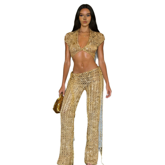 Damen Modisches Set mit netzartigem Oberteil und weitem Hose R&B