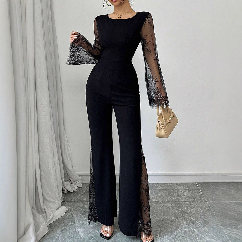 Damen Eleganter Jumpsuit mit schimmernder Spitze und weitem Bein R&B