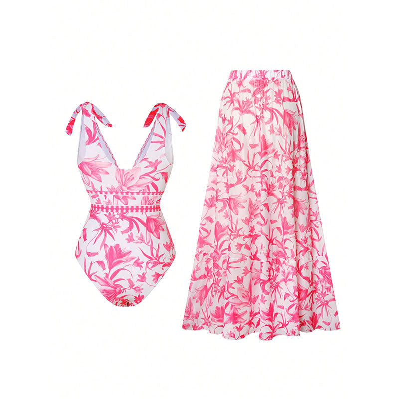 Damen Luxuriöser Badeanzug mit floralem Design und passendem Rock R&B