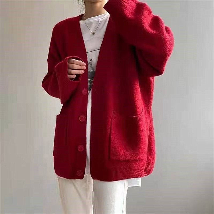 Damen Grob gestrickter Cardigan mit Taschen und V-Ausschnitt R&B