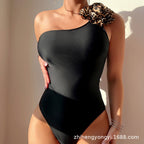 Damen Einseitiger Badeanzug mit elegantem Tiermuster und floralem Akzent R&B