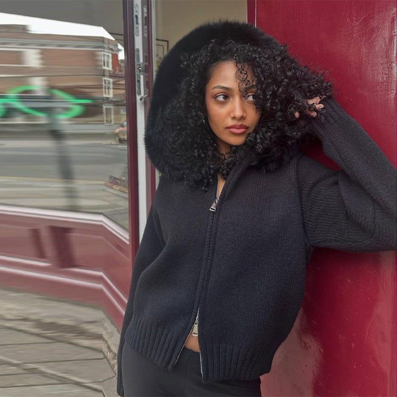 Damen Kuschelige Strickjacke mit Fellkragen R&B
