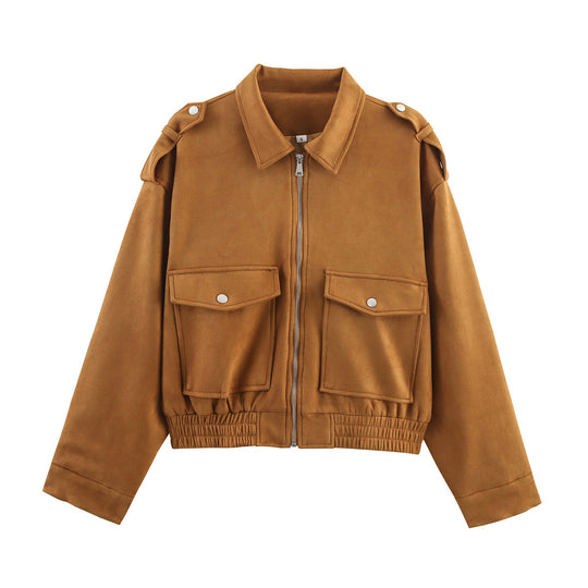 Damen lässige Kunstleder-Bomberjacke mit praktischen Taschen R&B