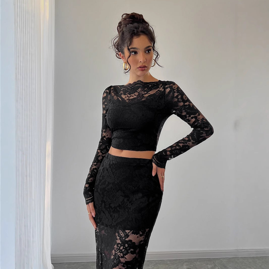 Damen nan zweiteiliges Spitzenensemble mit bauchfreiem Langarmoberteil und tailliertem Midirock R&B
