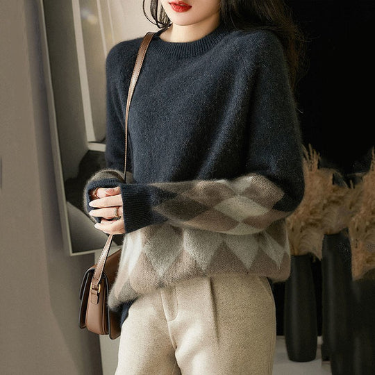 Damen lässiger Strickpullover mit modernem Rhombenmuster und weichem Material R&B
