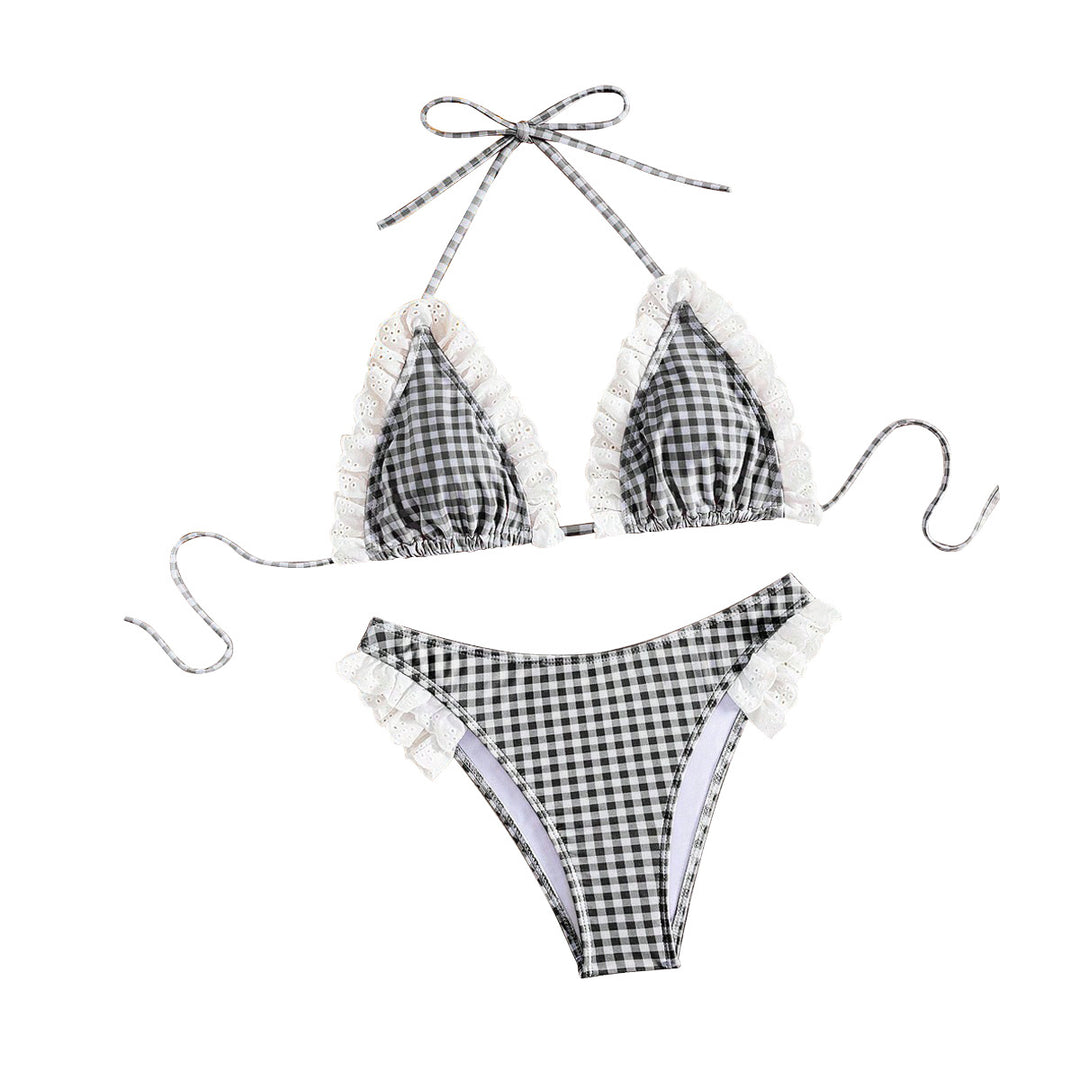 Damen Triangel-Bikini mit Rüschendetails und kariertem Design R&B