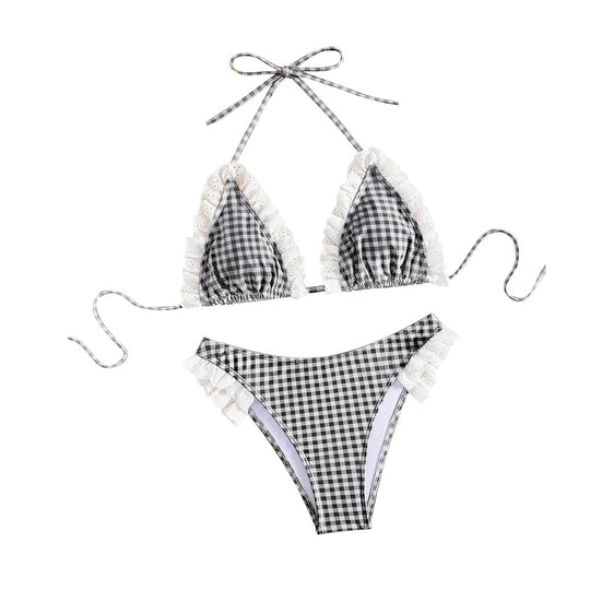 Damen Triangel-Bikini mit Rüschendetails und kariertem Design R&B