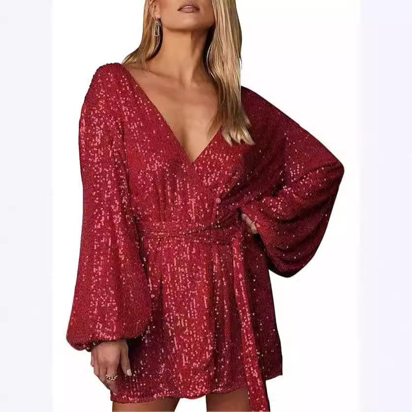 Damen Funkelndes Wickelkleid mit tiefem V-Ausschnitt und voluminösen Ärmeln R&B