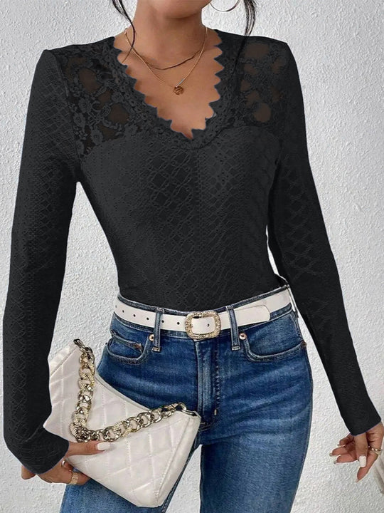Damen Bluse mit transparenten Spitzenakzenten und elegantem V-Ausschnitt Heidi-Mode