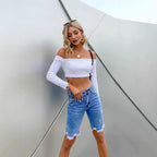 Damen Denim-Bermudashorts mit fransigem Saum und modernem Schnitt R&B