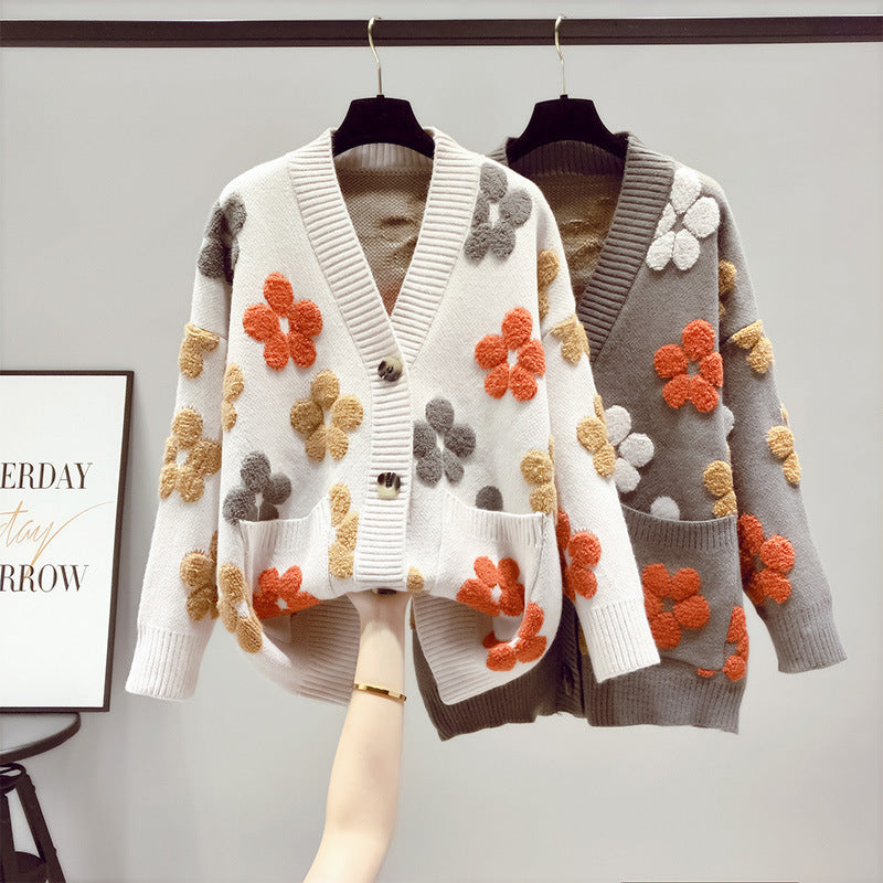 Damen Kuscheliger Strick-Cardigan mit floralen Applikationen und Knöpfen R&B