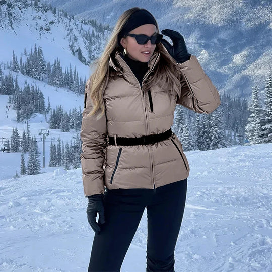 Damen warme Steppjacke mit abnehmbarer Kapuze und Taillengürtel R&B