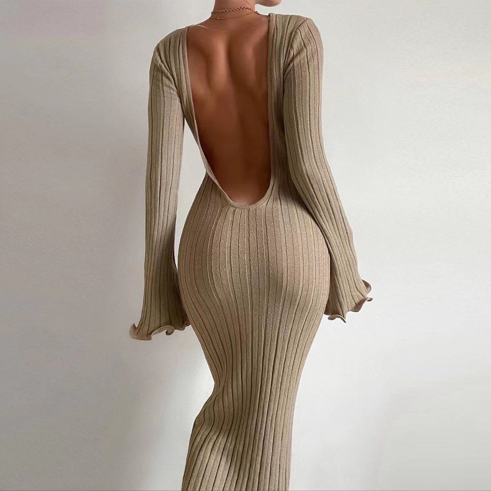 Damen Figurbetontes Maxikleid mit tiefem Rückenausschnitt und Rippstruktur R&B
