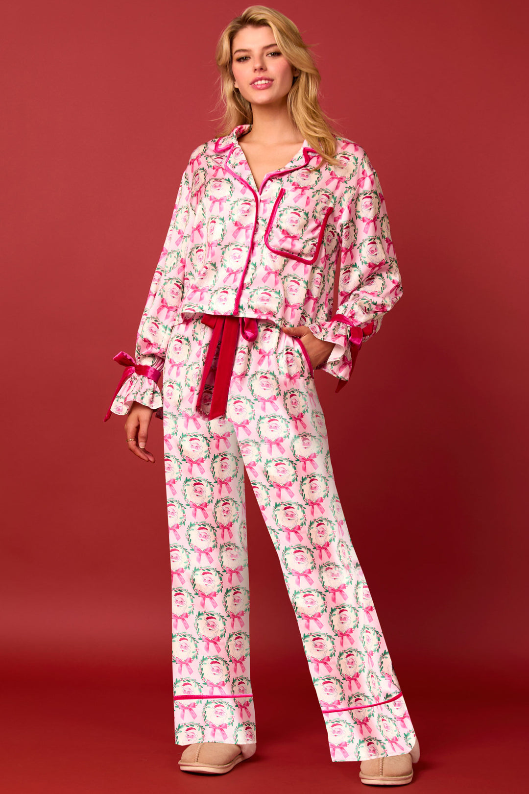 Damen luxuriöses Satin-Pyjama-Set mit niedlichem Nutcracker-Motiv R&B