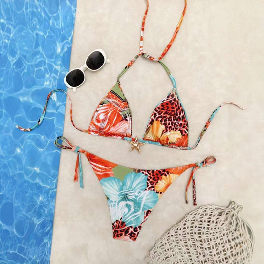 Damen Triangel-Bikini mit floralem Design und verstellbaren Bändern R&B