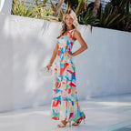 Damen Maxikleid mit buntem geometrischen Design und voluminösem Rock R&B