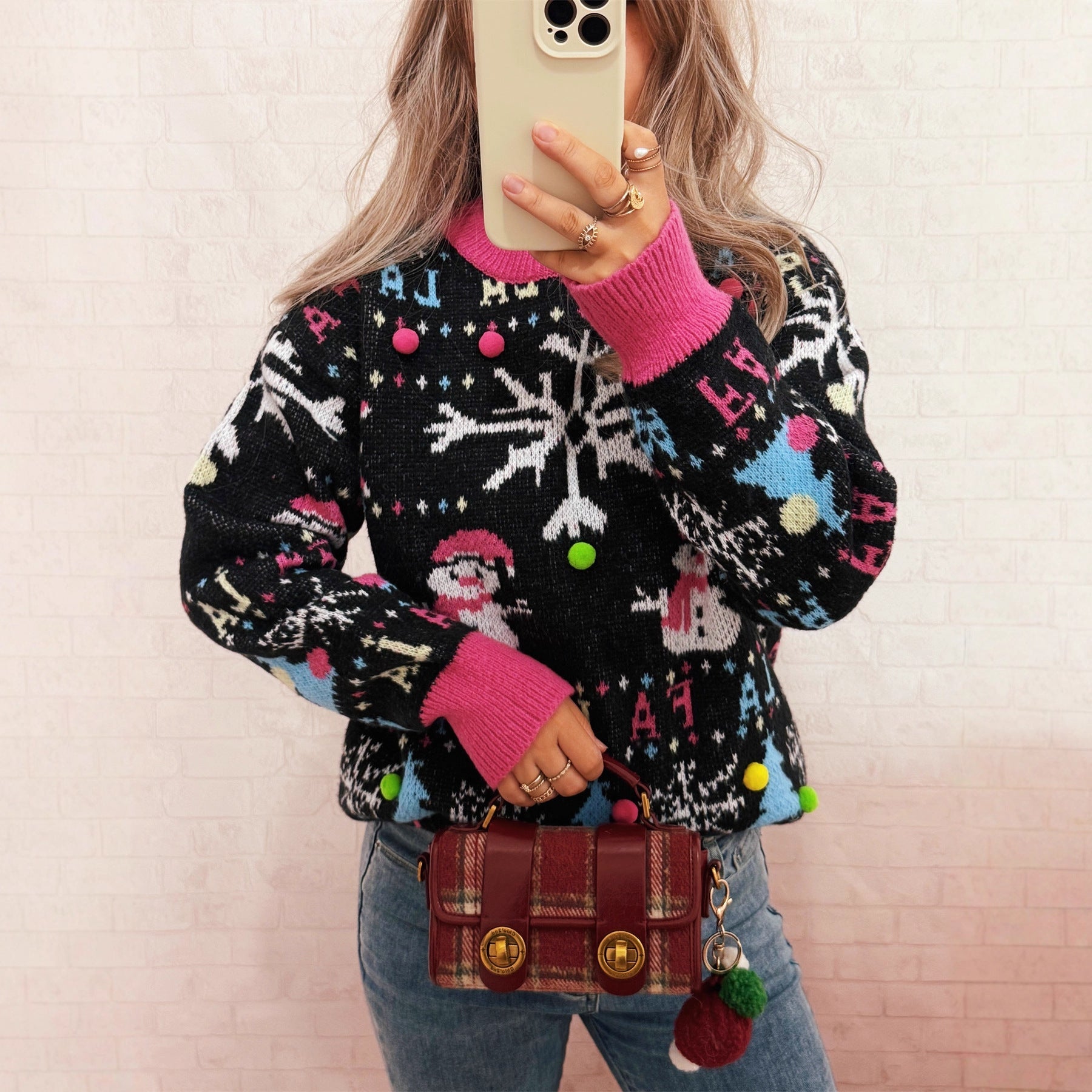 Damen festlicher Pullover mit farbenfrohen Weihnachtsmotiven und verspielten Details R&B