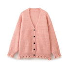 Damen lässige Strickjacke mit fransigem Saum und knöpfbarem Verschluss R&B