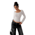 Damen nan figurbetontes Spitzen-Ajour-Langarmshirt mit Quadratausschnitt R&B