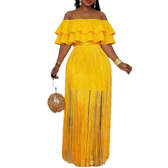 Damen Elegantes Off-Shoulder Kleid mit voluminösem Rüschensaum und fransigem Design R&B
