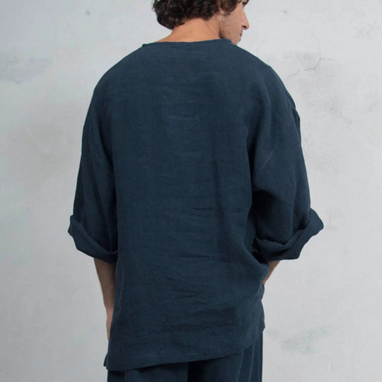 Herren lässiges Leinenoberteil mit Henley-Ausschnitt und praktischer Kängurutasche R&B