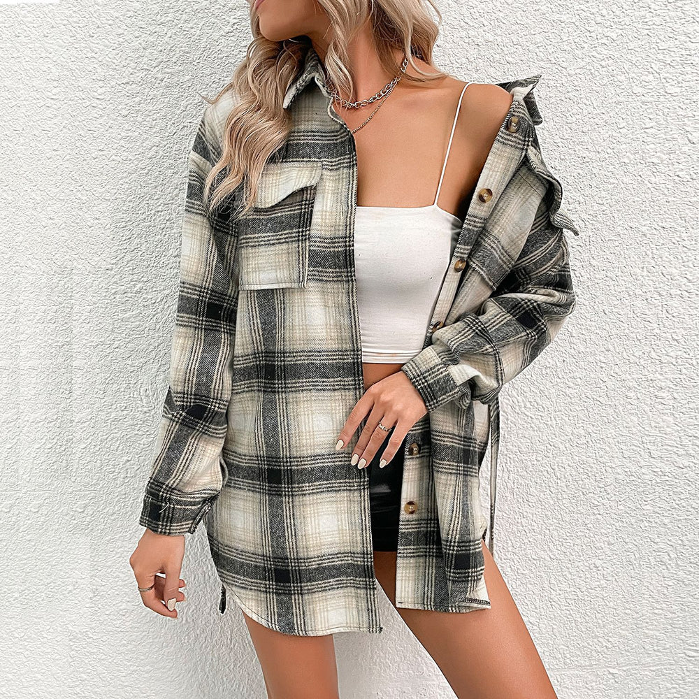 Damen lässige Karo-Hemdjacke mit modischen Knopfdetails und leichter Baumwollqualität R&B