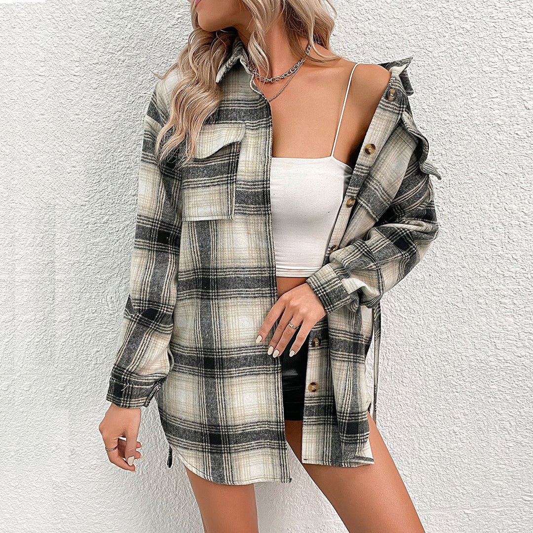 Damen lässige Karo-Hemdjacke mit modischen Knopfdetails und leichter Baumwollqualität R&B