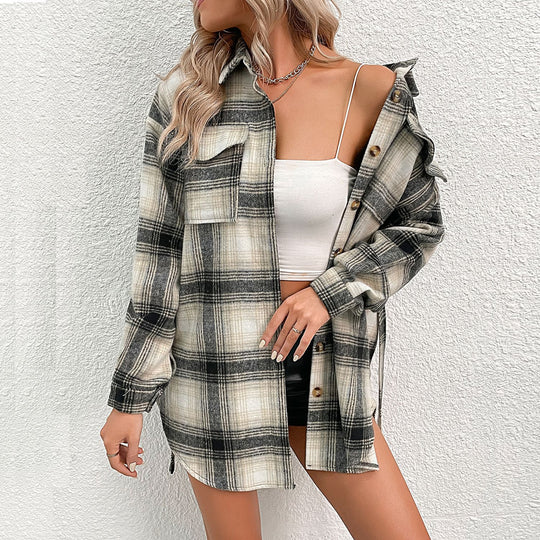 Damen lässige Karo-Hemdjacke mit modischen Knopfdetails und leichter Baumwollqualität R&B