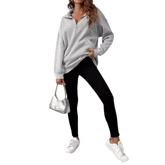 Damen Freizeitlicher Pullover mit kurzem Reißverschluss und Kängurutasche R&B