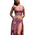 Damen Kleidungsset im stylischen Off-Shoulder-Design mit Raffungen und einzigartigem Muster R&B