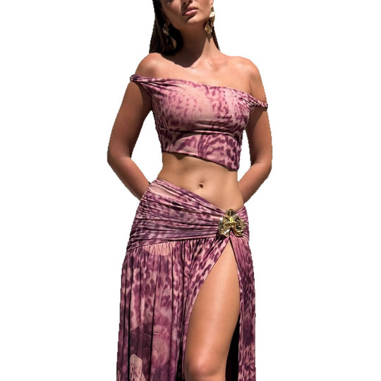 Damen Kleidungsset im stylischen Off-Shoulder-Design mit Raffungen und einzigartigem Muster R&B