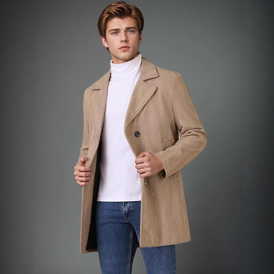 Herren eleganter Wende-Mantel mit doppelter Knopfleiste und verborgenem Gürtel R&B