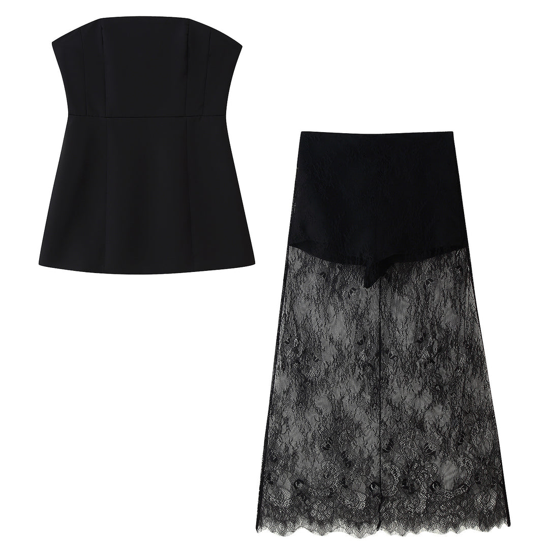 Damen Crop-Top und langer Spitzenrock Set R&B