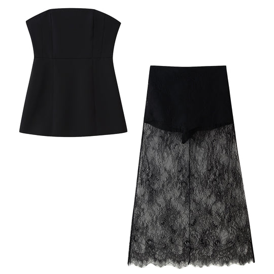 Damen Crop-Top und langer Spitzenrock Set R&B