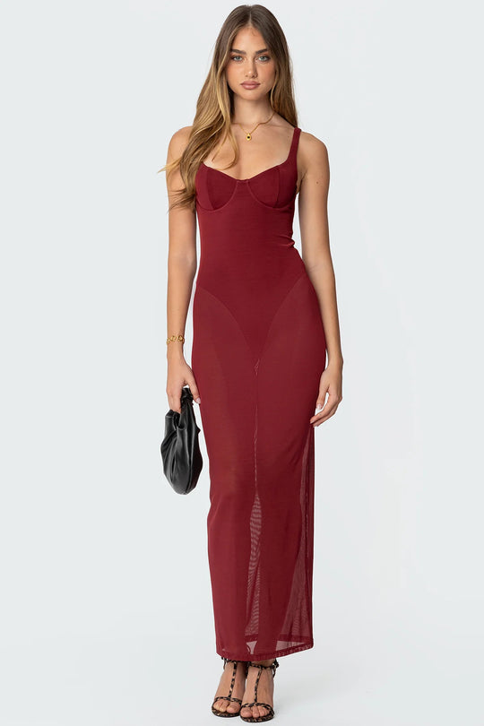 Damen Maxikleid mit figurbetonendem Schnitt und transparenten Einsätzen R&B