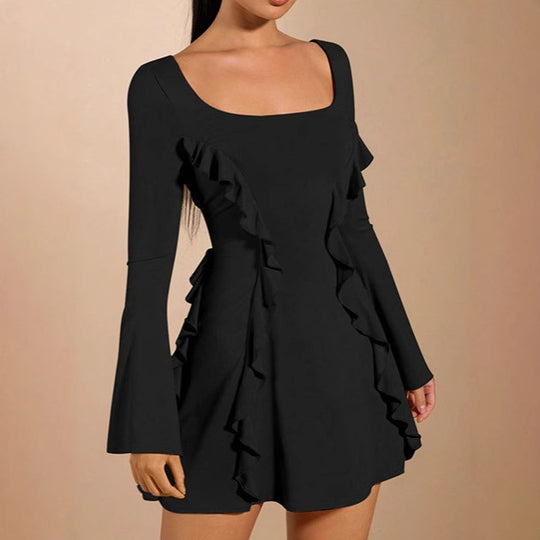 Damen elegantes Rüschenkleid mit tiefem Ausschnitt und langen Ärmeln R&B