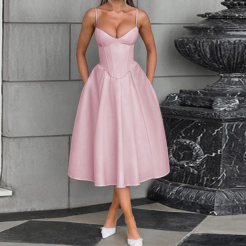 Damen Midikleid mit herzförmigem Ausschnitt und schwingendem Rock R&B