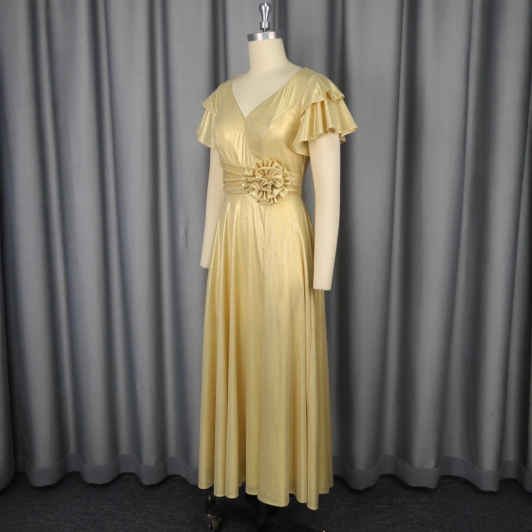 Damen glamouröses Abendkleid mit elegantem V-Ausschnitt und voluminösen Rüschensäumen R&B