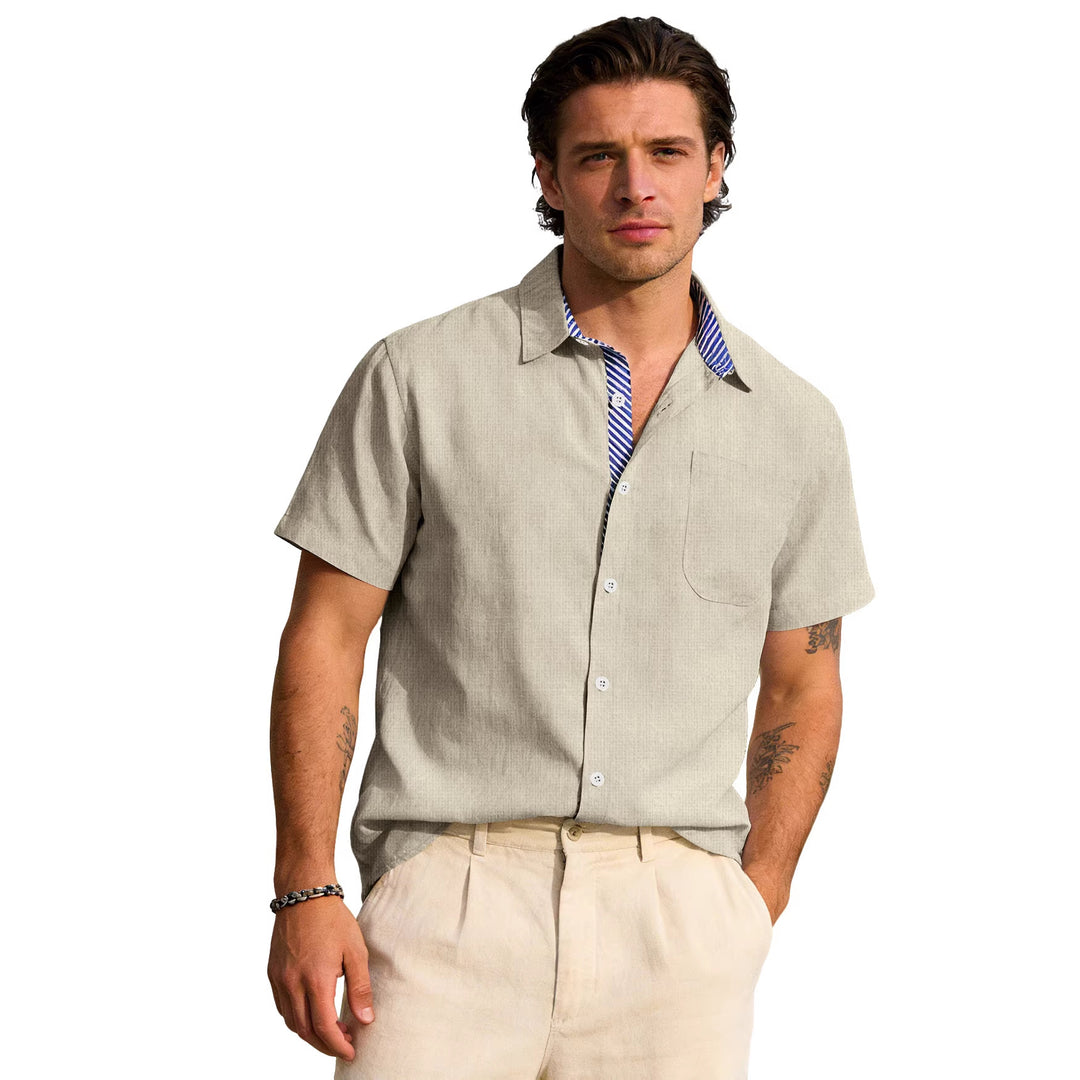 Herren nan Business-Casual Kurzarmhemd mit gestreiftem Kragenfutter und Brusttasche R&B