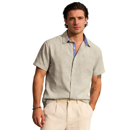 Herren nan Business-Casual Kurzarmhemd mit gestreiftem Kragenfutter und Brusttasche R&B