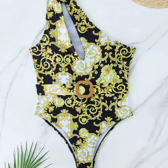 Damen Einteiler Badeanzug mit asymmetrischem Schnitt und elegantem Gürtel R&B