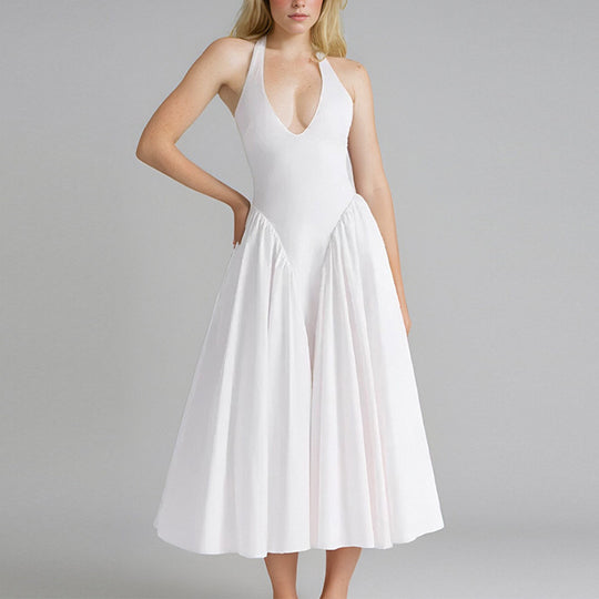 Damen Midikleid mit tiefem V-Ausschnitt und fließendem Rock R&B